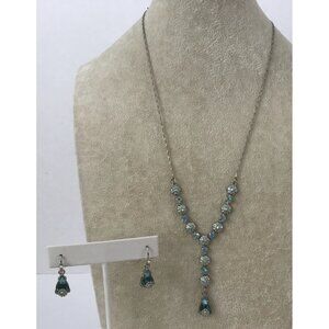 Avon Silver Tone Y Drop Necklace & Earrings Set Blue Glass Flowers Rhinestones